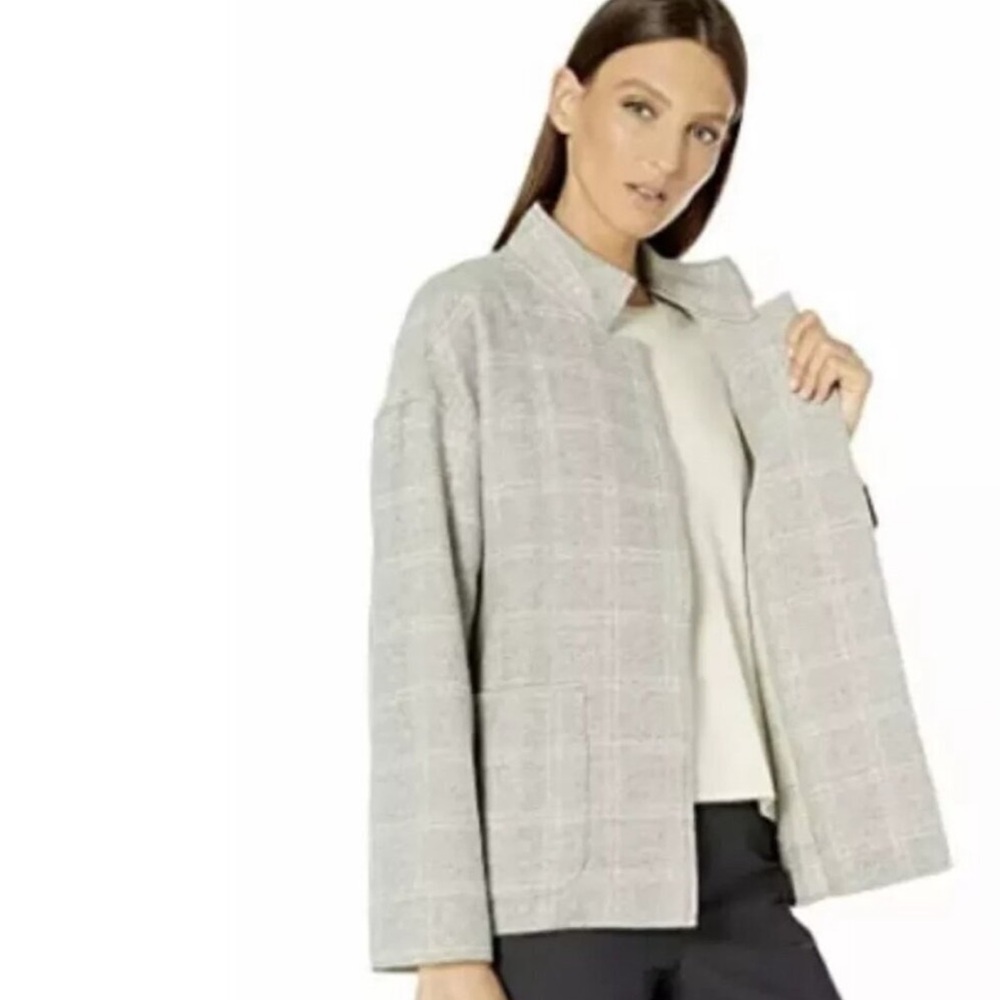 Eileen Fisher Heathered Check Wool-Blend Gray High-Collar Jacket Size Med